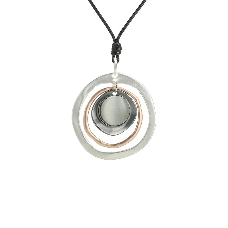 Long Leather Statement Necklace  Matt Finish Two Circle Disc Natural Stone Drop Pendant Necklace