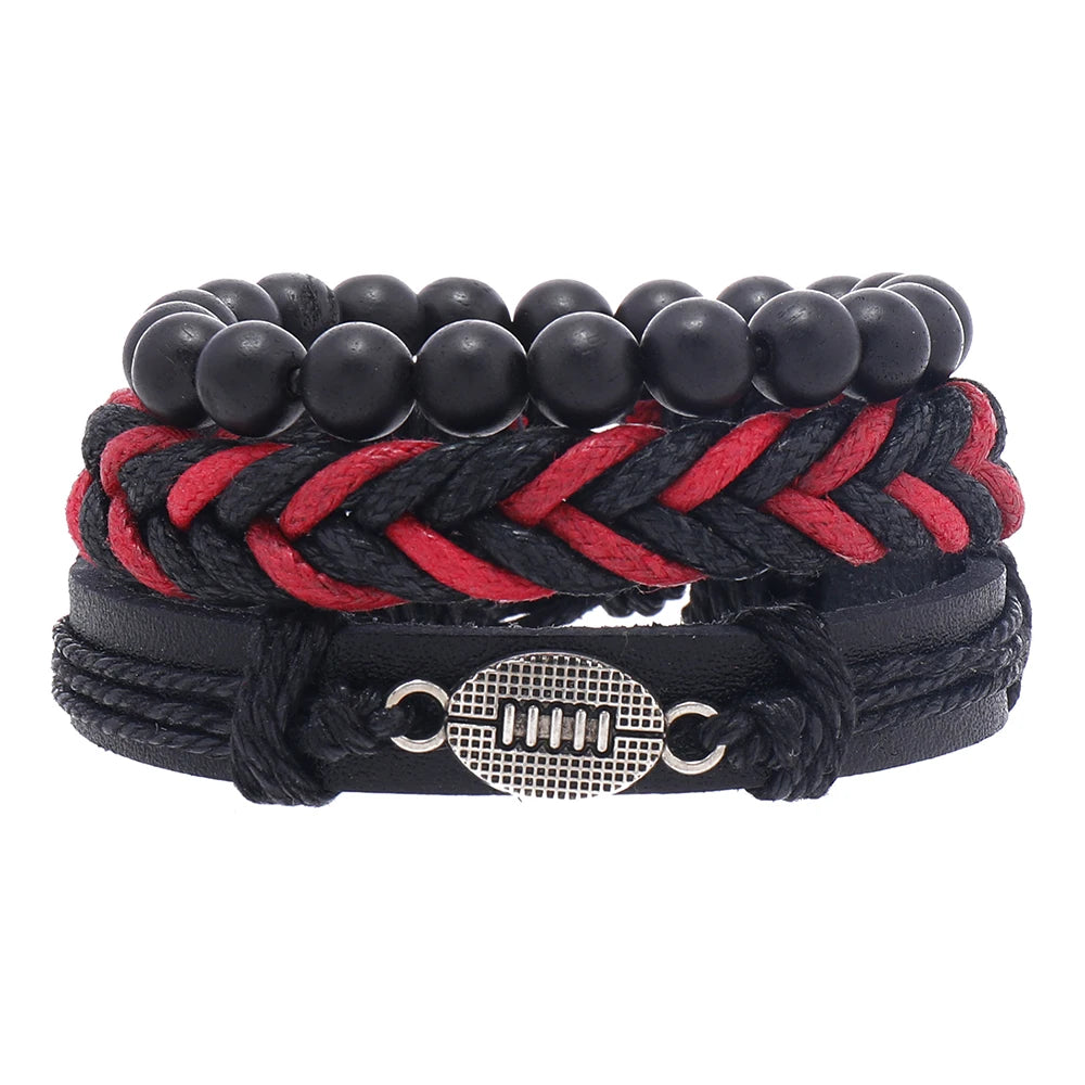 New Fashion Handmade Leather Jewelry Sets Red & Black Color Men's Bracelets Rugby Sport Bracelets