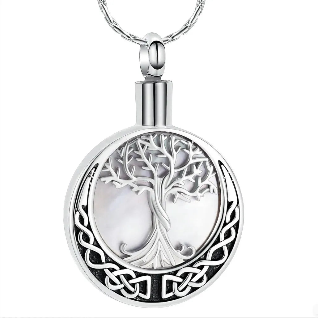 Vintage Natural Shell Cremation Urn Tree Design Keepsake Stainless Steel Human Pet Ashes Pendant Necklace Memory