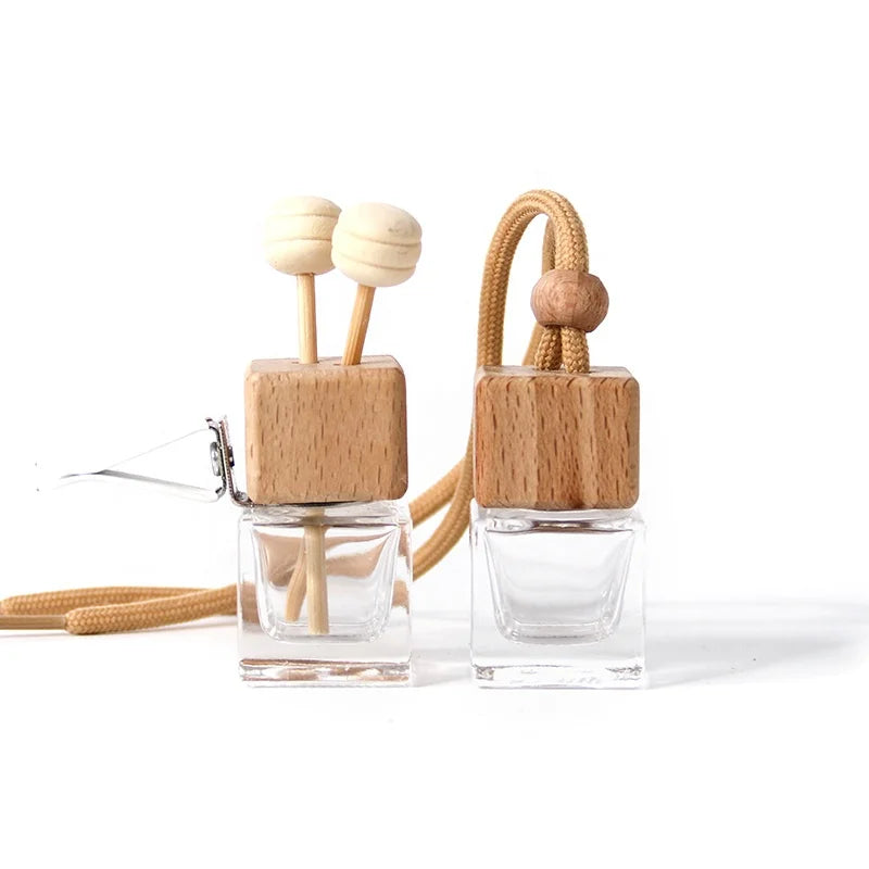 Wooden Cap Mini Refillable 10ml Clear Glass Square Shape Car Air Freshener Diffuser Hanging Perfume Bottle