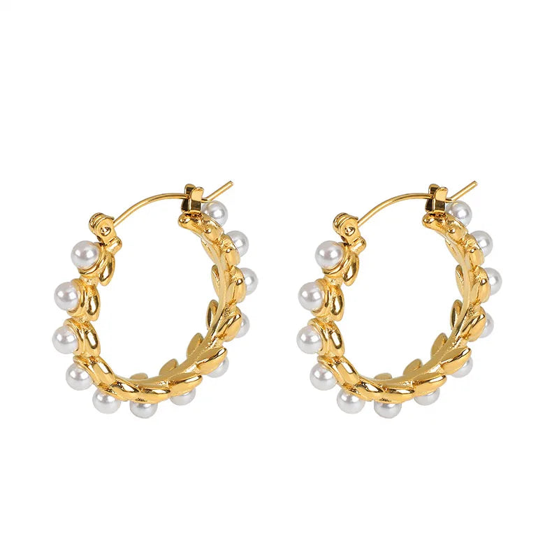 2023 Fashion Jewelry Earrings Women Stainless Steel 18k Gold Plated Pearl Zircon Stone Hoop Earrings