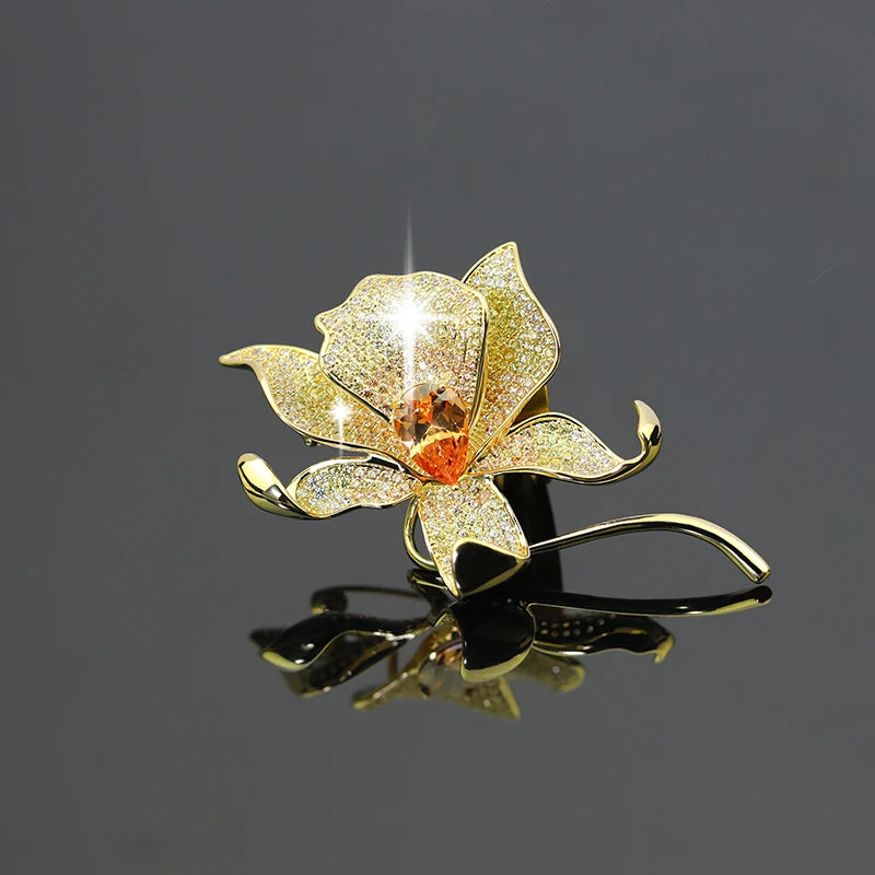 Elegant Zircon Stone Lily Brooch Pin Women/Men Corsage Boutonniere for Wedding Dress Accessories on Hat Bag Suit Tie