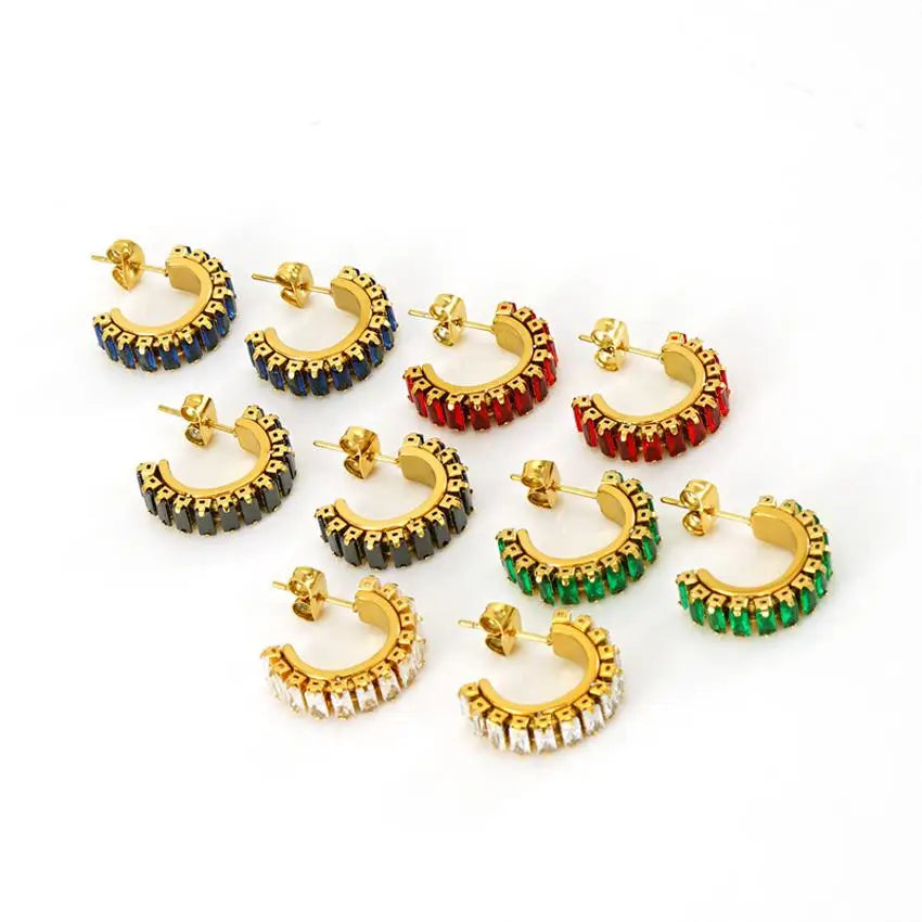 Vintage Waterproof Trendy Fashion Jewelry Women Stainless Steel 18K Gold Plated C Shape Stud Earrings Zircon Wedding/Anniversary