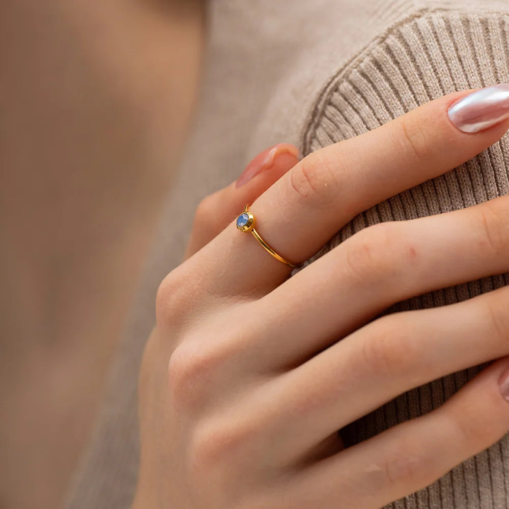 2023 Fashion New Stainless Steel 18K Gold Texture Light Luxury Set Light Blue Opteraite Open Thin Ring