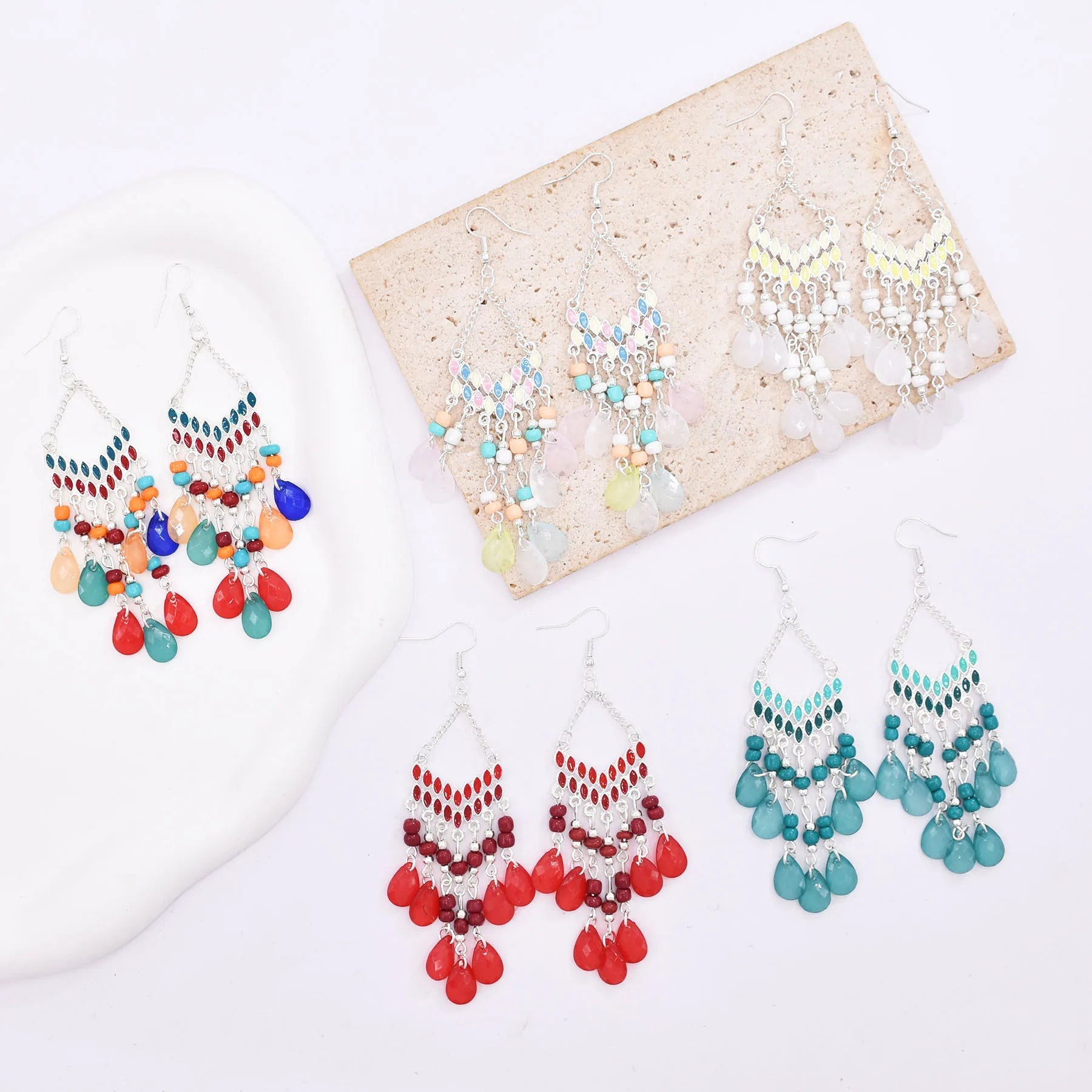 Silver Plated Beaded Flower Earrings Women Drop Earrings Vintage Bohemian Ethnic Statement Earrings