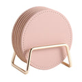 Custom Logo Round PU Leather Car Coasters Set With Gold Metal Holders Desk Decoration Six Tea Drink Cork Coasters With Stand