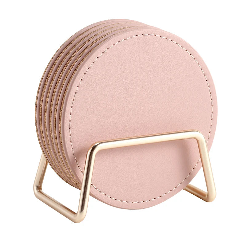 Custom Logo Round PU Leather Car Coasters Set With Gold Metal Holders Desk Decoration Six Tea Drink Cork Coasters With Stand