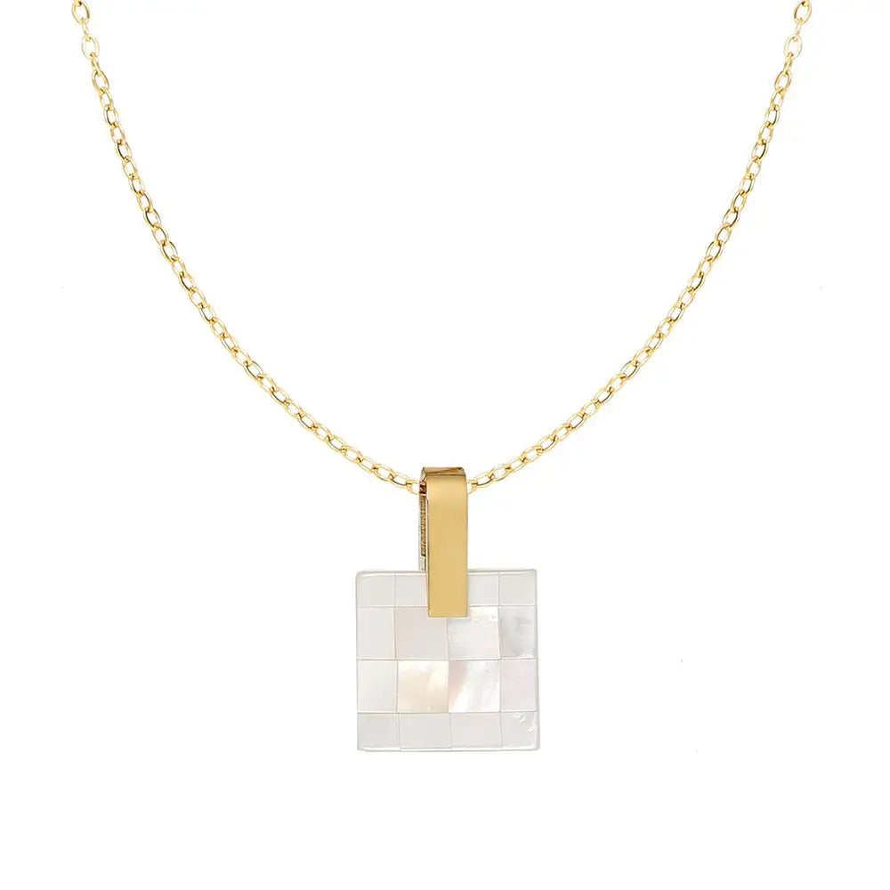 Joolim Jewelry 18K Gold Plated Mosaic Checkered Shell Square Pendant Necklace Stainless Steel Jewelry Wholesale Tarnish Free