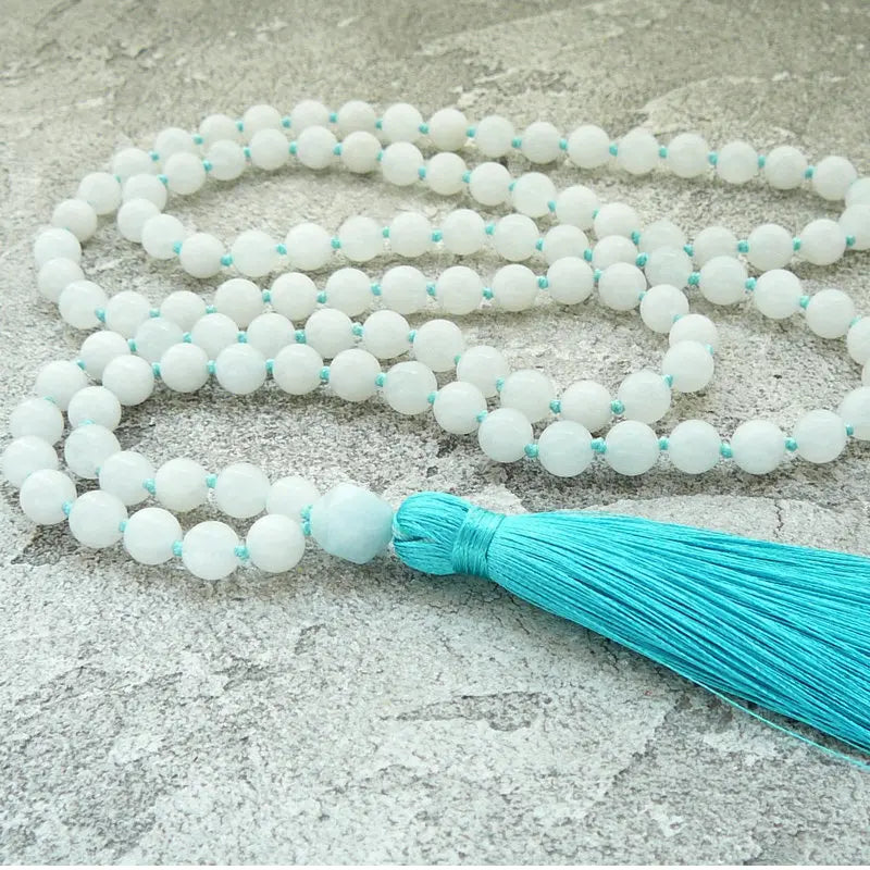 8mm Natural White Jade Beaded 108 Japamala Necklace Healing Yoga Gift Meditation Necklace Jewelry for Women Girls