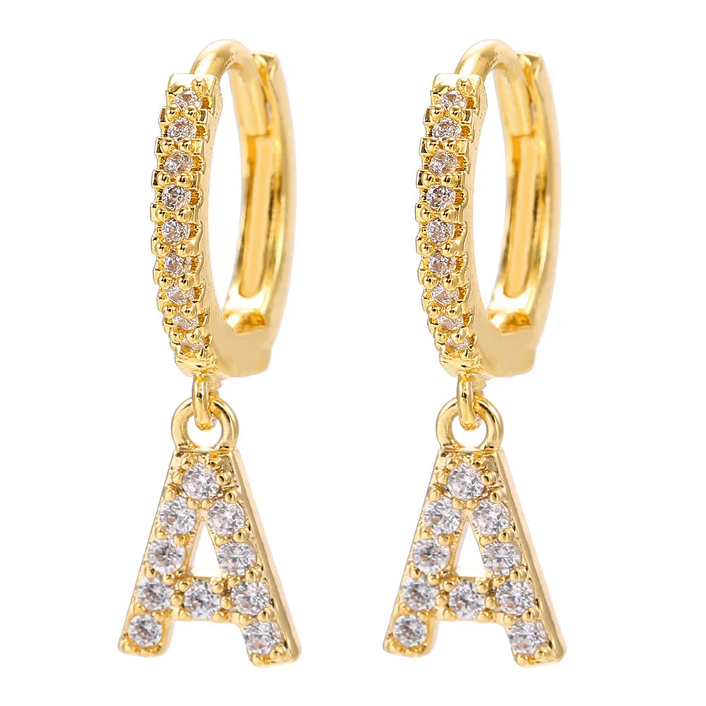 Wholesale Vintage White Gold Cubic Zirconia Pendant Personalised 26 Letters A-Z Initial Hoop Earrings Huggie Earrings Party Gift