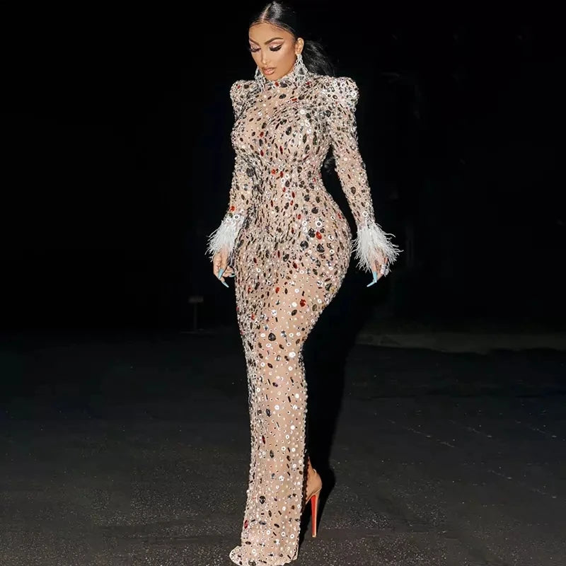 Dress 2022 Diamond Sexy Evening Gowns New Fashion Luxury Feather Long Dress Show Girl Birthday Party Dresses