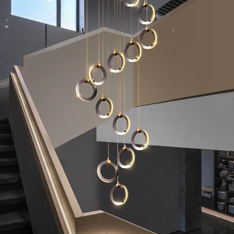 Factory Prices Rings LED Pendant Light Pearl Black Modern Gold Luxury Chandelier for Staircase Hotels High Ceilings