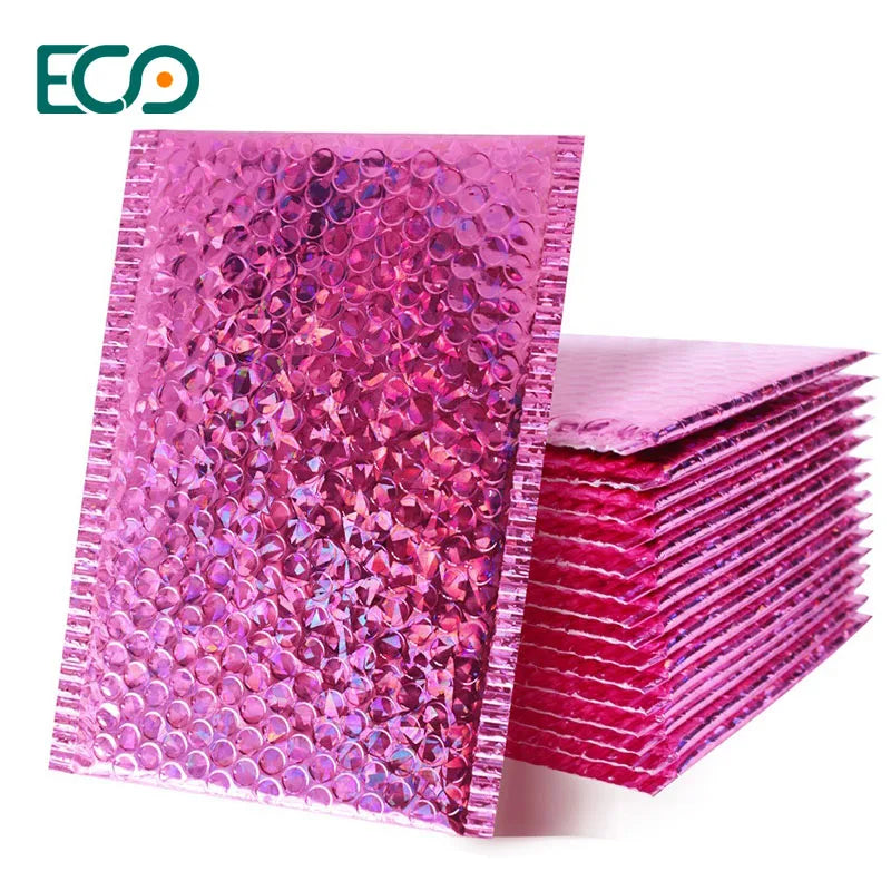 Rose Red Custom Size Logo Printing Waterproof Pink Bubble Mailers Holographic Metallic Polymailers