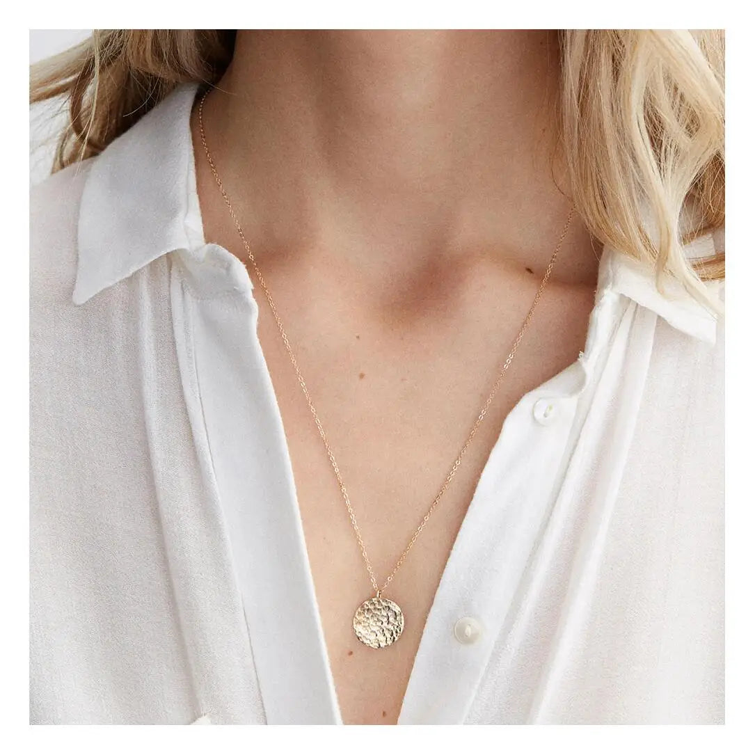 Fashion Gold Silver Plated Jewelry Round Charm Stainless Steel 15mm Hammered Coin Pendant Necklace for Women Accessories