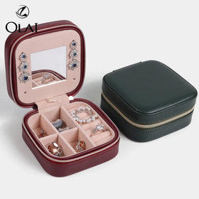 Luxury PU Leather Jewelry Zipper Box Travel Jewelry Accessories Storage Box With Mirror