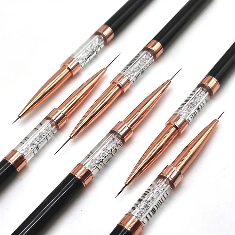 Professional Nail Salon Supplies Brushes Black Double End Phototherapy Detail Liner Nail Art Painting Brush with Crystal Handle