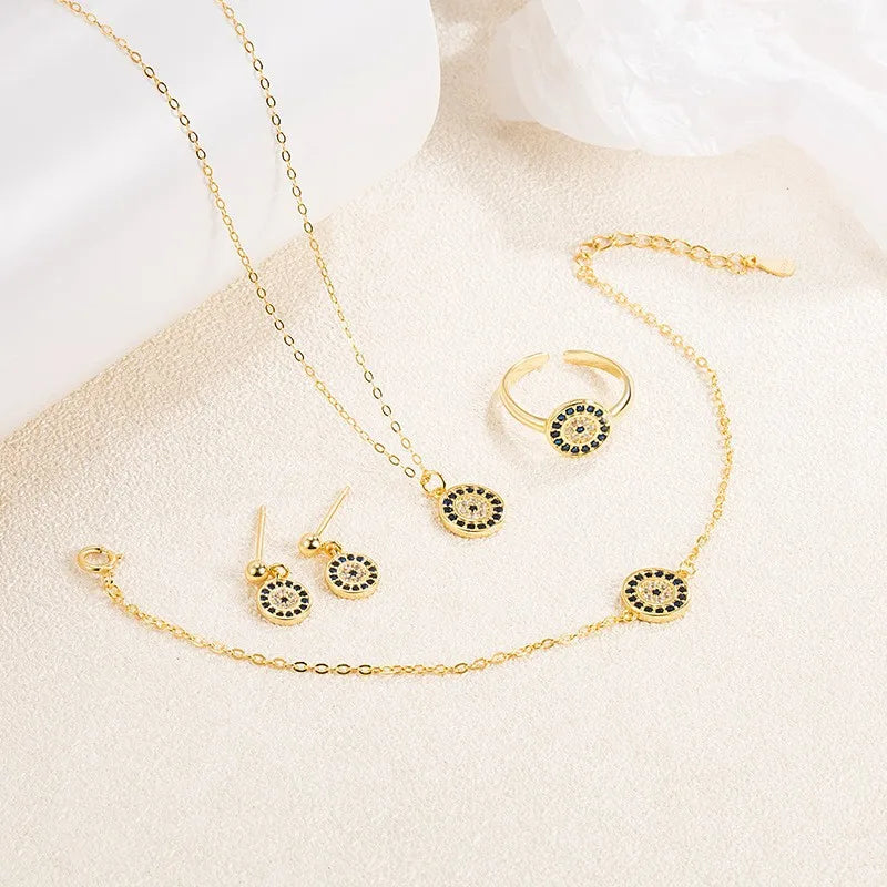 4pcs Adjustable Lucky Blue Evil Eyes Ring Earrings Bracelet Necklace Jewelry 18k Gold Plated Cubic Zirconia Evil Eyes Set