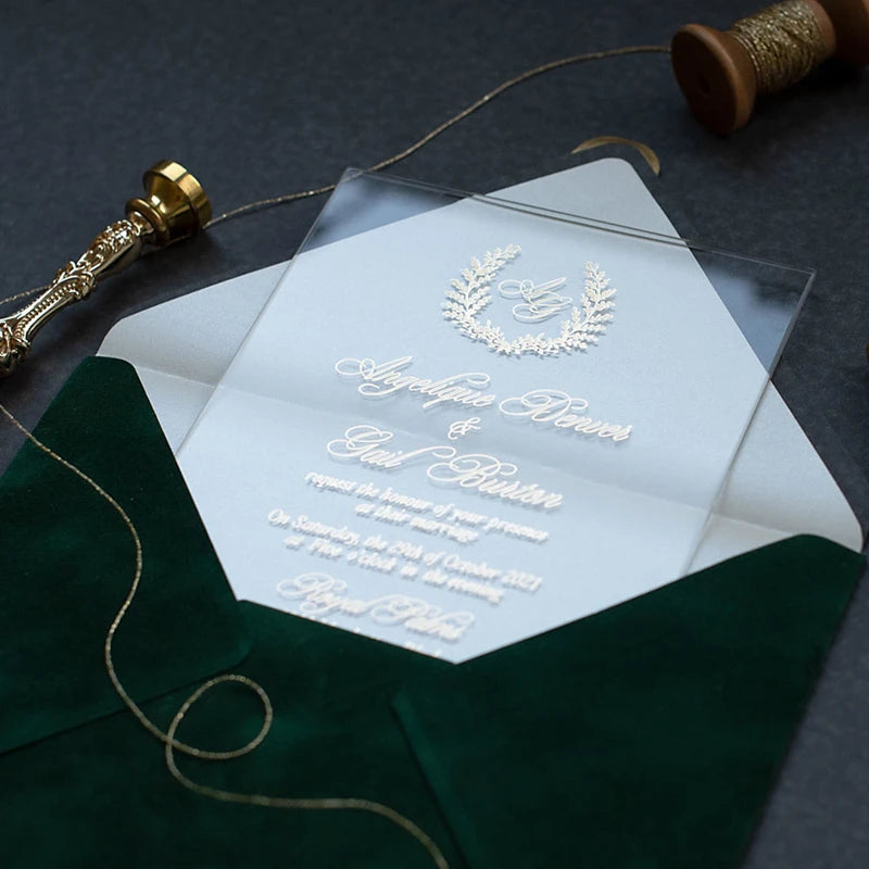Velvet Envelope Gold Foil Clear Acrylic Wedding Invitation with Wax Seal