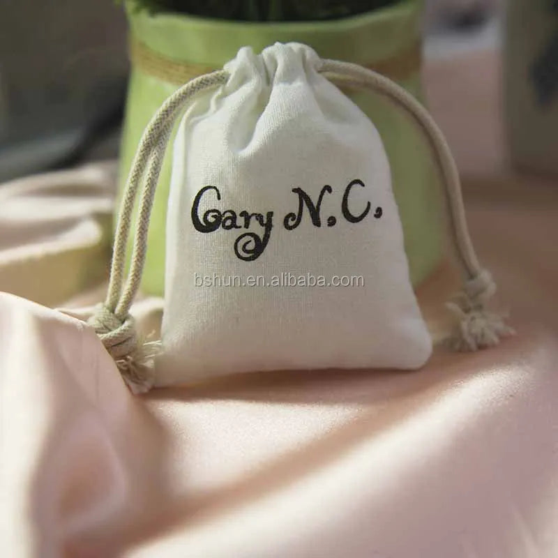 Small Custom Printing White Cotton Muslin Drawstring Bags