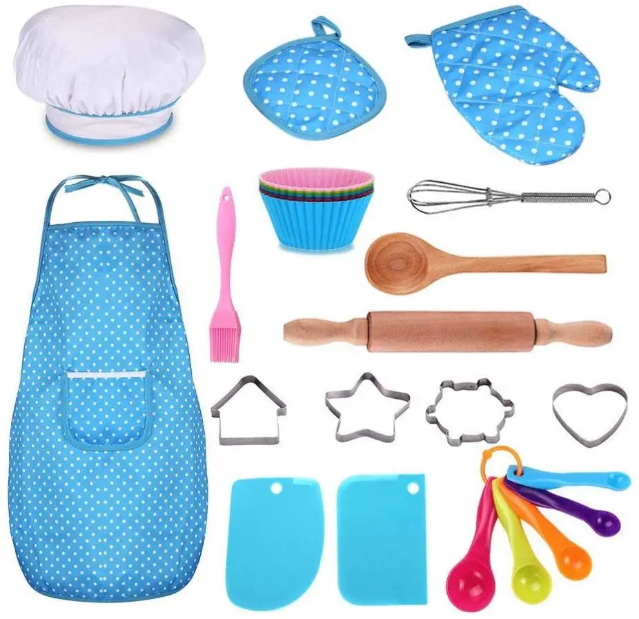 25Pcs Chef Set for Kids Kitchen Cooking Baking Dress up Role Play Toys Aprons Chef HatOven MittWooden Spoon Cutters Molds