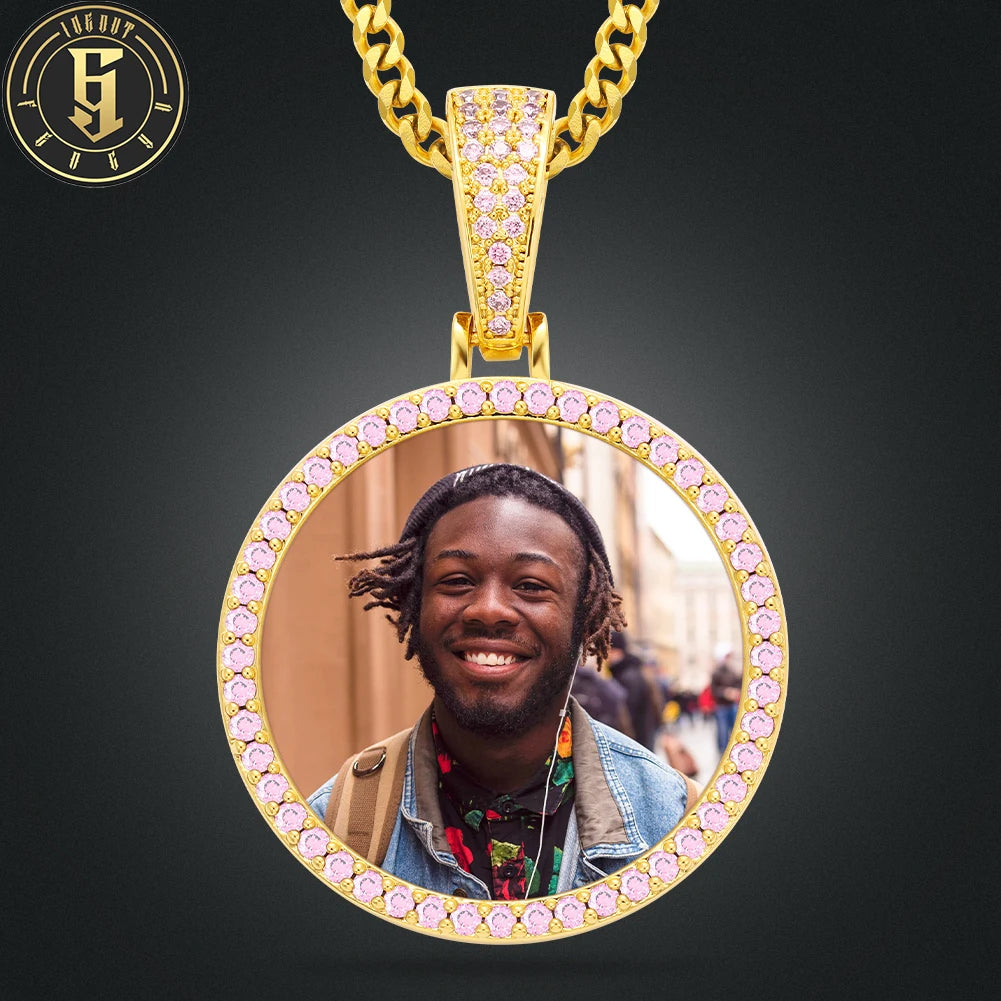Iced Out Pink Stone Customized Logo Picture Necklace Charm Gold Plated Brass AAAAA Zircon Photo Pendant for Men