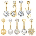 9pcs/set Shiny Zircon Inlaid Stainless Steel Navel Ring Gold Puncture Belly Button Cute Imitation Pearl Women's Daily Wear Gift