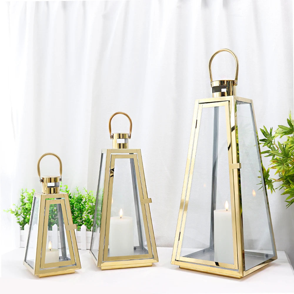 Set of 3 Unique Trapezoid Stainless Steel Candle Lantern Hanging Portable Gold Lantern for Weeding Home Decoration