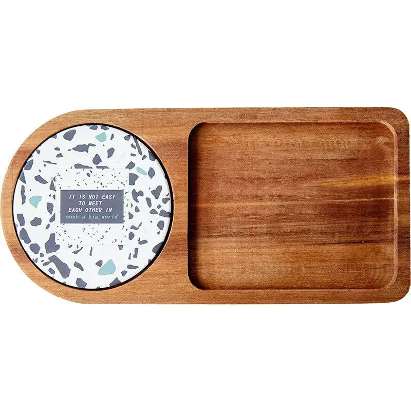JUNJI Solid Wood Multifunction Breakfasr Tray With Coaster Acacia Plate for Home and Kitchen  Custom Tray