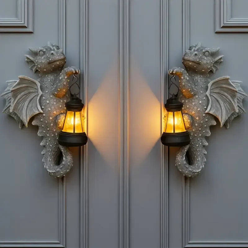 Resin Dragon Wall Lamp & Door Figurine Hand-painted Animal Mythical Creature Art Design Outdoor Decor