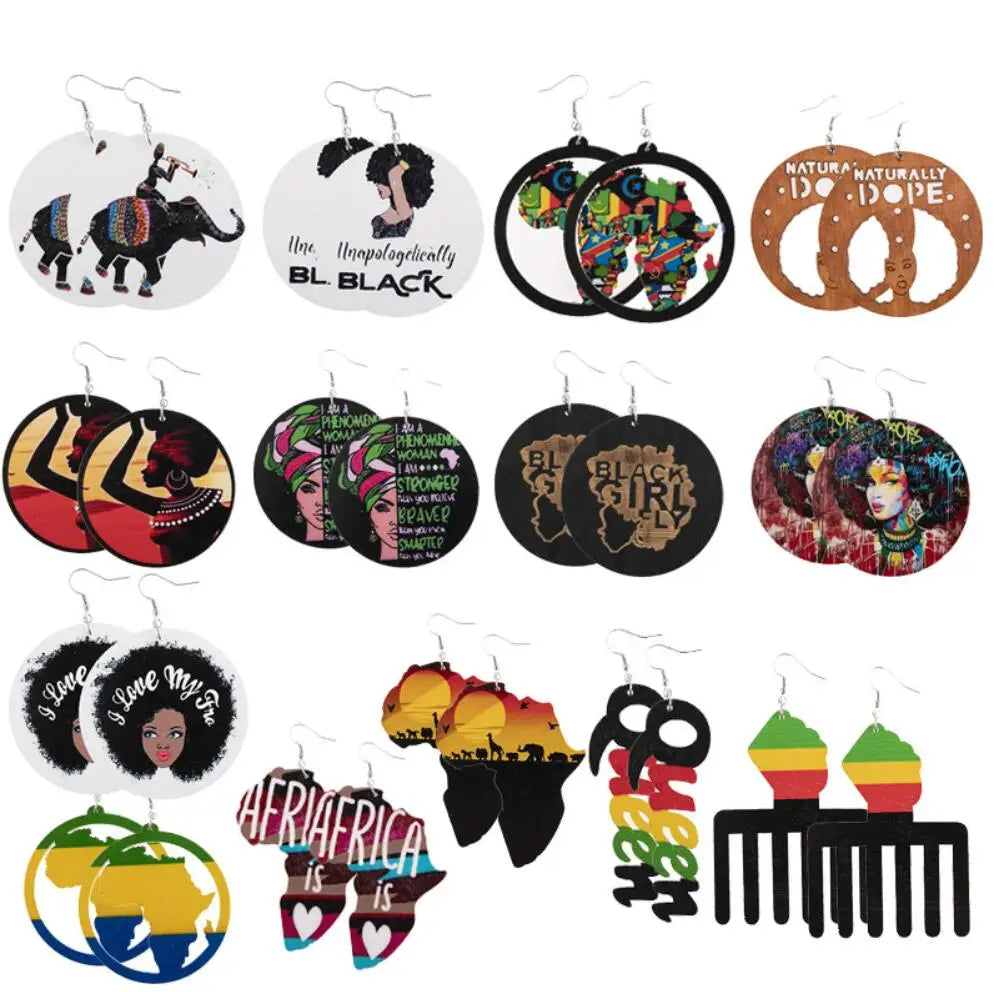 Trendy African Map & Leopard Pattern Wooden Hook Earrings Fashion Statement Wood Drop Earrings