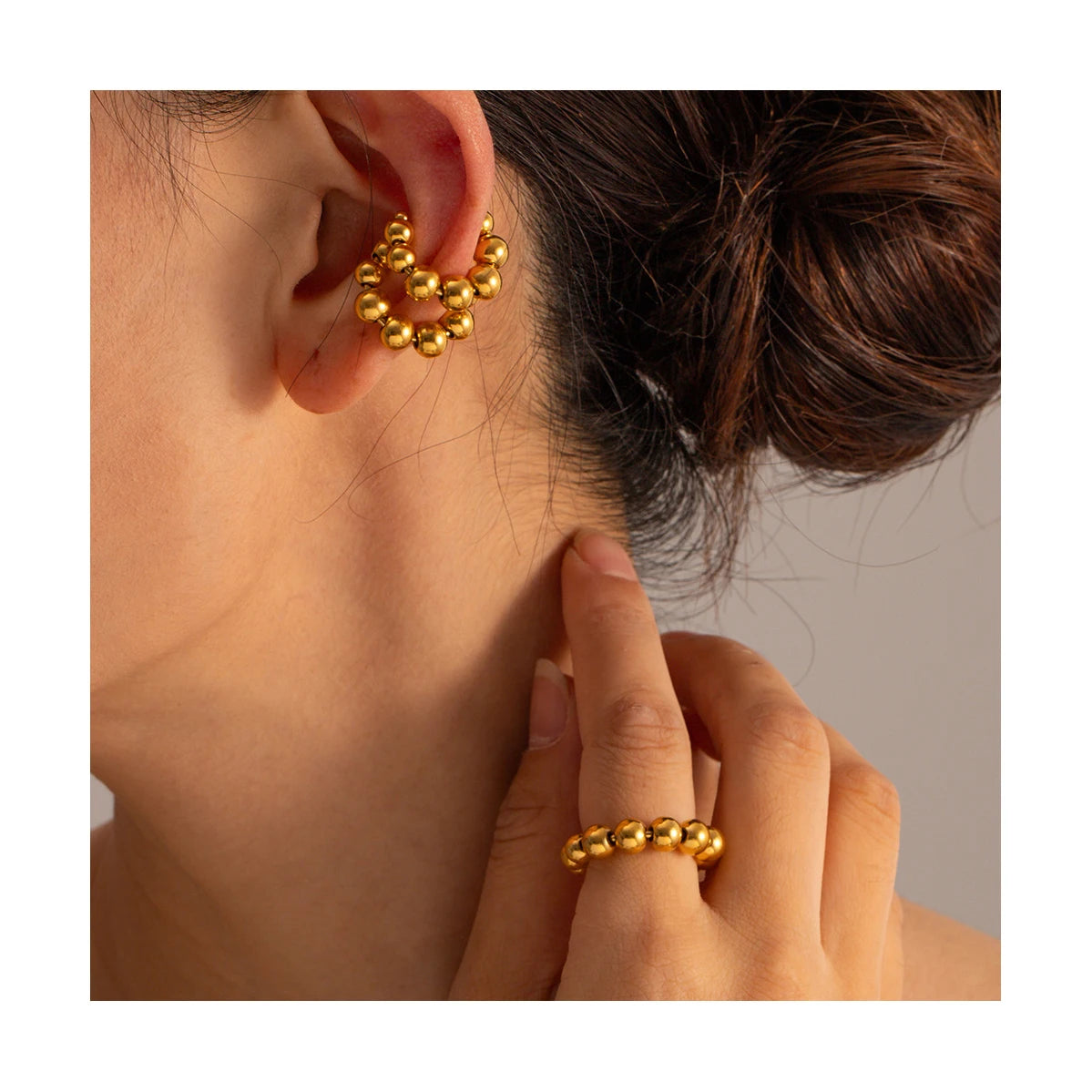 ERESI Jewelry Minimalist CC Shape Waterproof No Piercing PVD 18k Real Gold Plated Stainless Steel Modern Beaded Ear Cuff Clip