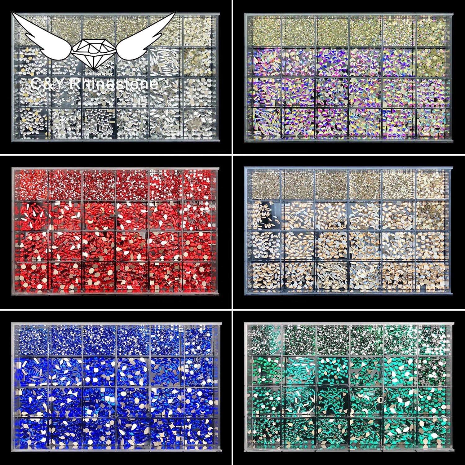 CY Customization Multi Color Shape Best Selling Glass Nail Stones Crystal Size 24 Grid Rhinestone