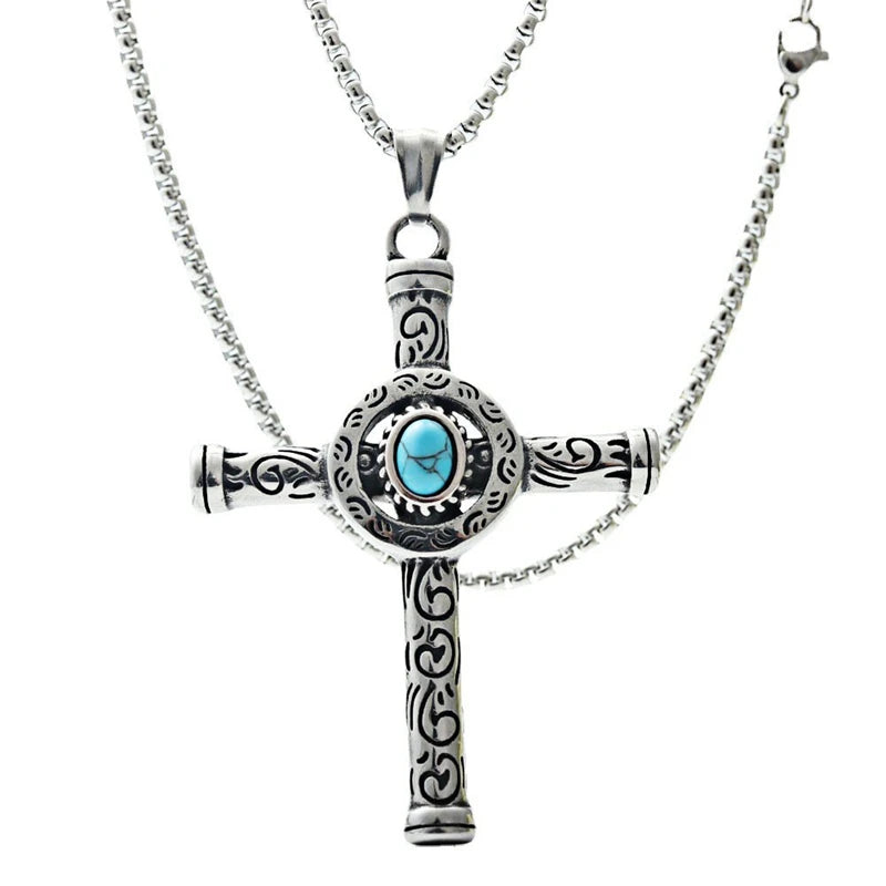 MECYLIFE Stainless Steel Retro Jewelry Vintage Turquoise Stone Pendant Christian Cross Necklace for Men