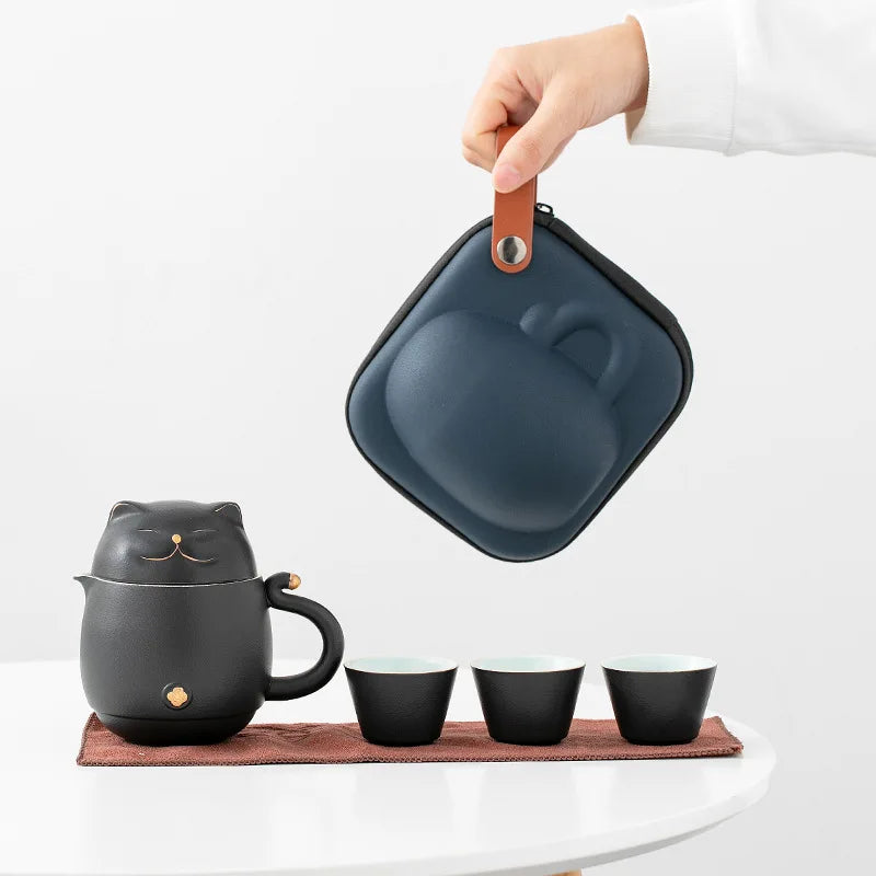 Shironeko One Pot Fills Three Cups Portable Bag Outdoor Travel Tea Set Ceramic Quick Cup Kung Fu Tea Set