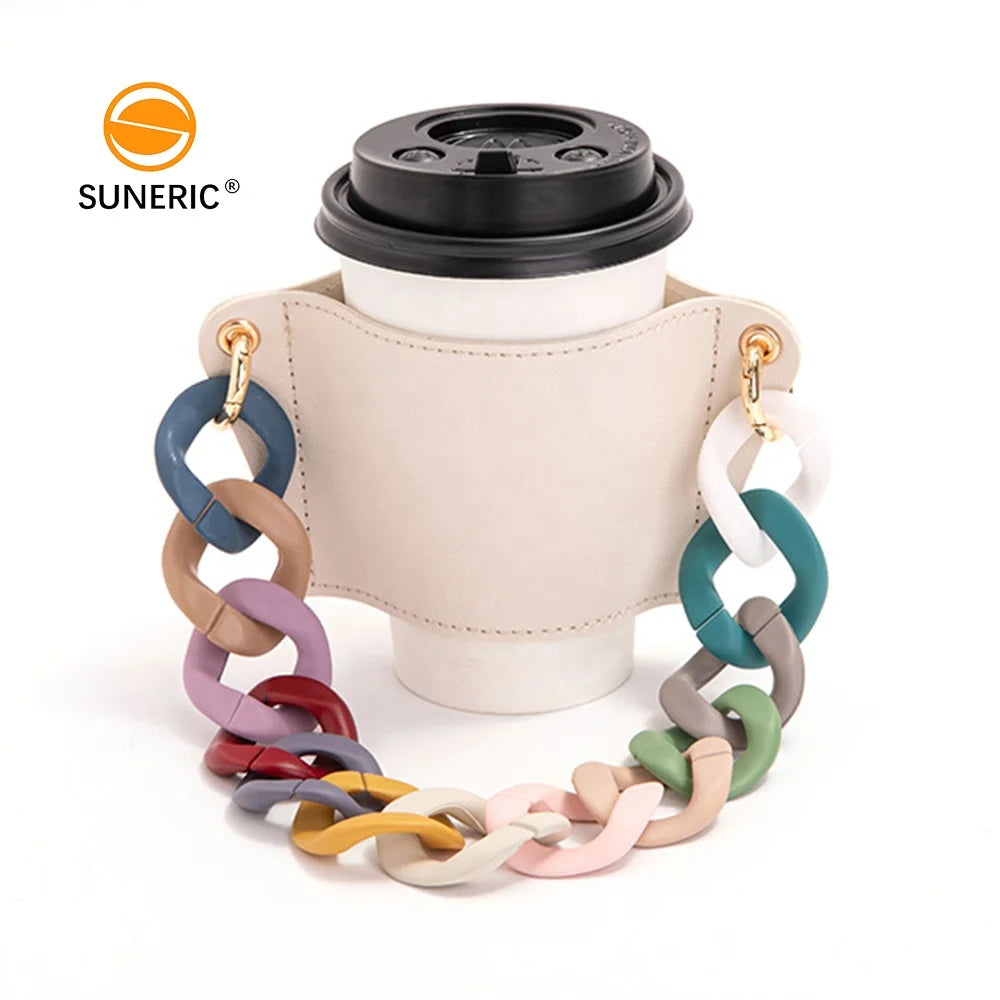 Heat Insulation Reusable Coffee Tea Cup Holder Strap Handle Cup Cover Portable Pu Leather Cup Sleeve With Chain