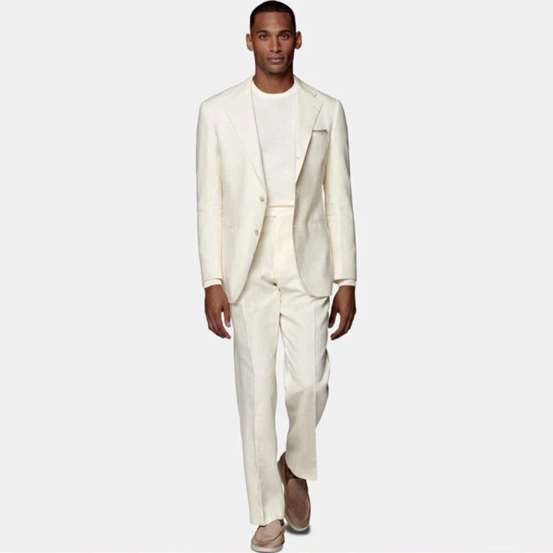 Creamy White Linen Business Gentleman Man Slim Single-breasted Suit