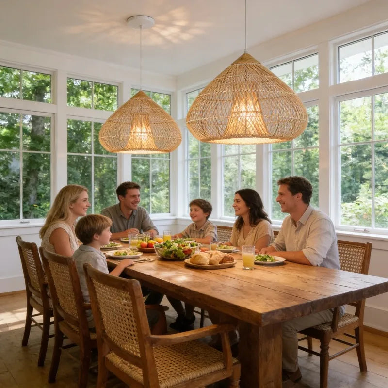 Large 60cm Rattan Pendant Light Boho Wicker Chandelier Hand Woven Farmhouse Hanging Lamp for Kitchen Island Dining Room