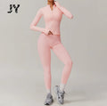 Joyyoung Fashion New Design Gym Fitness Set Stand Collar Skinny Zipper Seamless Butt Lifting Knitted Yoga Set for Women