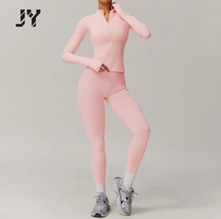 Joyyoung Fashion New Design Gym Fitness Set Stand Collar Skinny Zipper Seamless Butt Lifting Knitted Yoga Set for Women