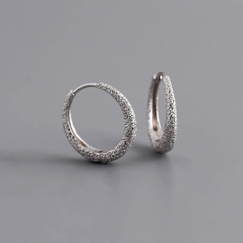925 Sterling Silver Frosted Surface Round Hoop Earrings for Women Party Jewelry
