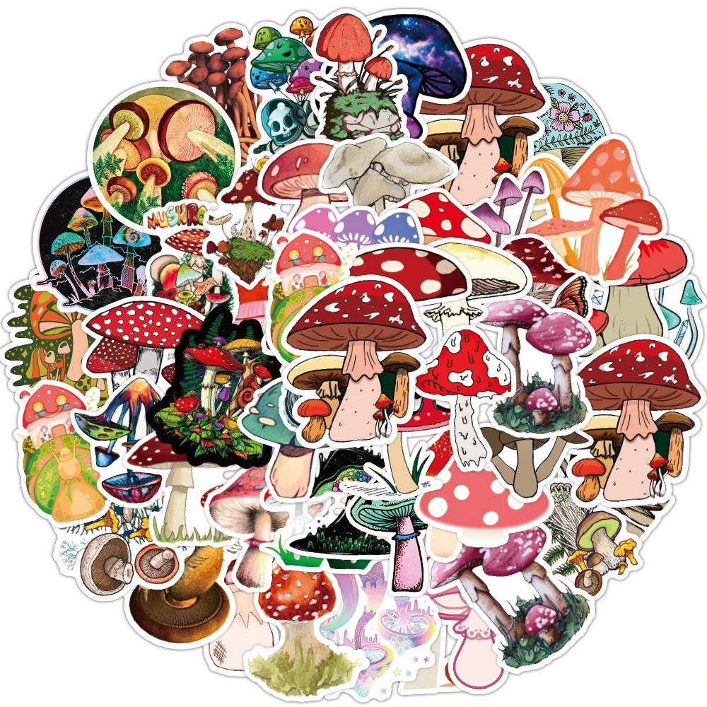 50 PCS Watercolor Mushroom Thin Stickers for Laptop Junk Bullet Scrapbook Kids Notebooks Type Vinyl Stick