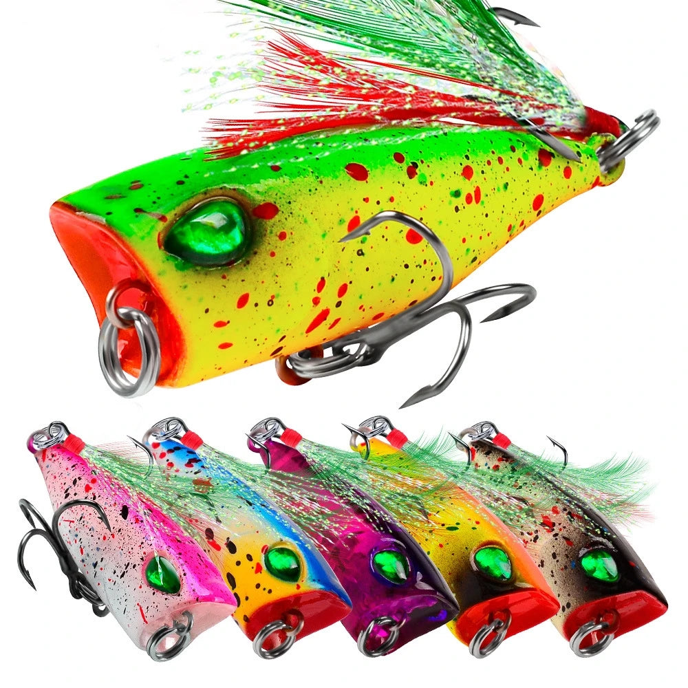 SNEDA 43mm 4g 6 Colors 3D Eyes Treble Feather Hooks Popper Lure Top Water Fishing Lure Hard Bait Fishing Popper