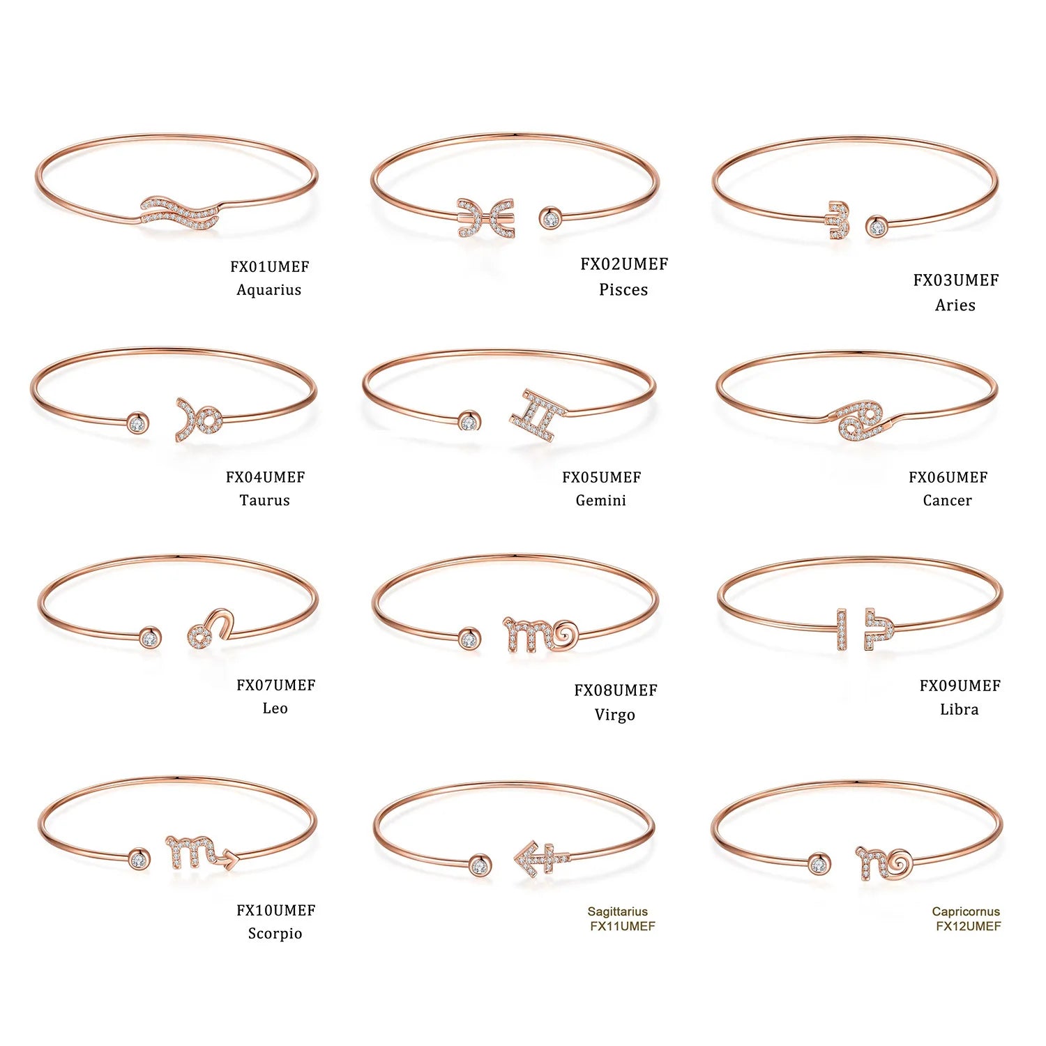 Abiding Twelve Constellations 925 Silver Rose Gold White Moissanite Bangles 12 Zodiac Horoscope Bangles for Birthday Gift