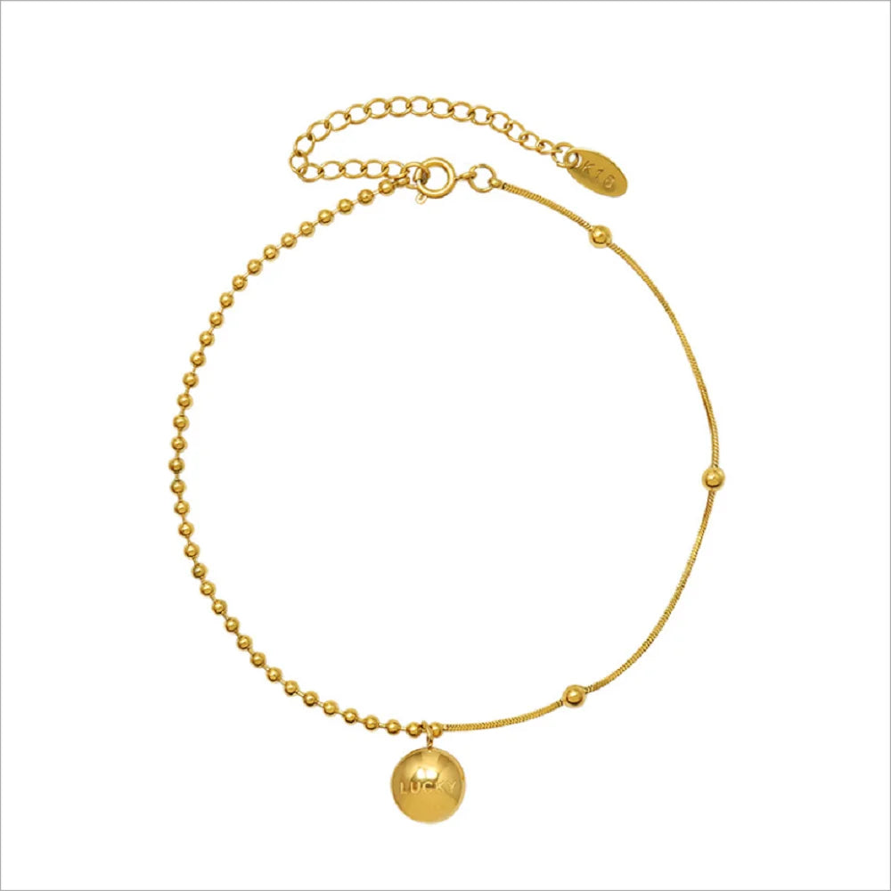 Fashion Gold Round Stainless Steel with 18k Gold Snake Chain Anklets Charm Good Luck Gold Bean Ankle Chain Foot Jewelry