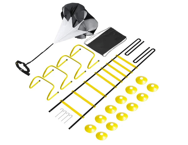Duolite Speed & Agility Training Set with 12 Disc Cones Adjustable Hurdles Resistance Parachute Ladder