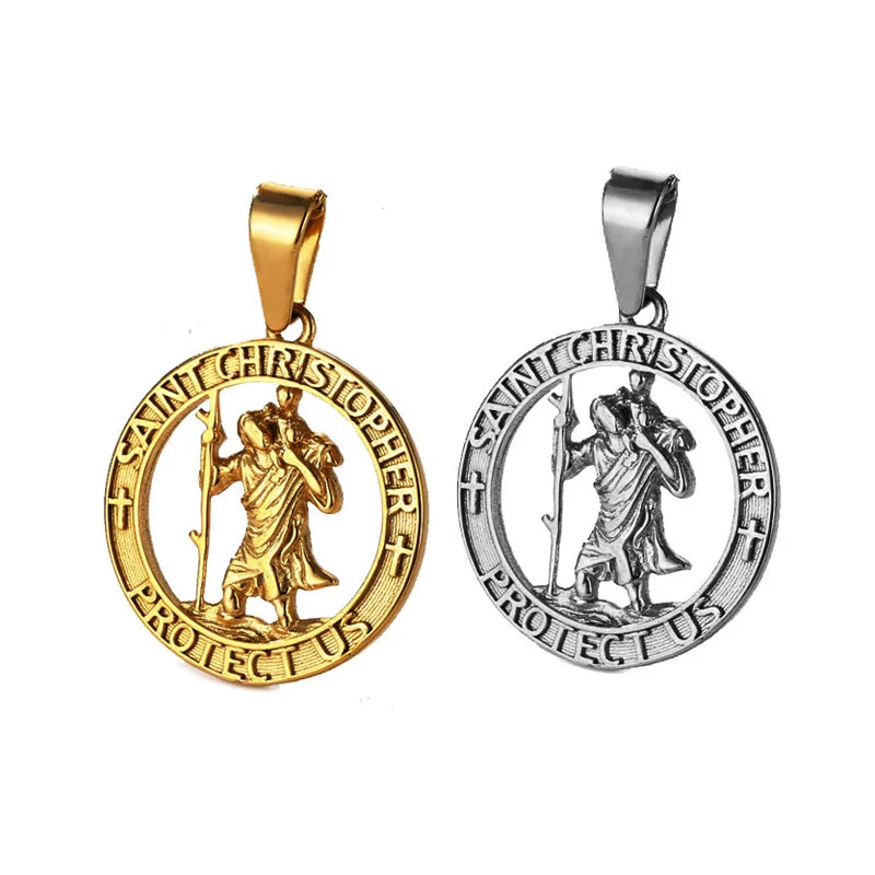 Waterproof Stainless Steel Compass Pendant Spiritual Jewelry Men 18k Gold Chain Saint Christopher Charms Religious Pendants