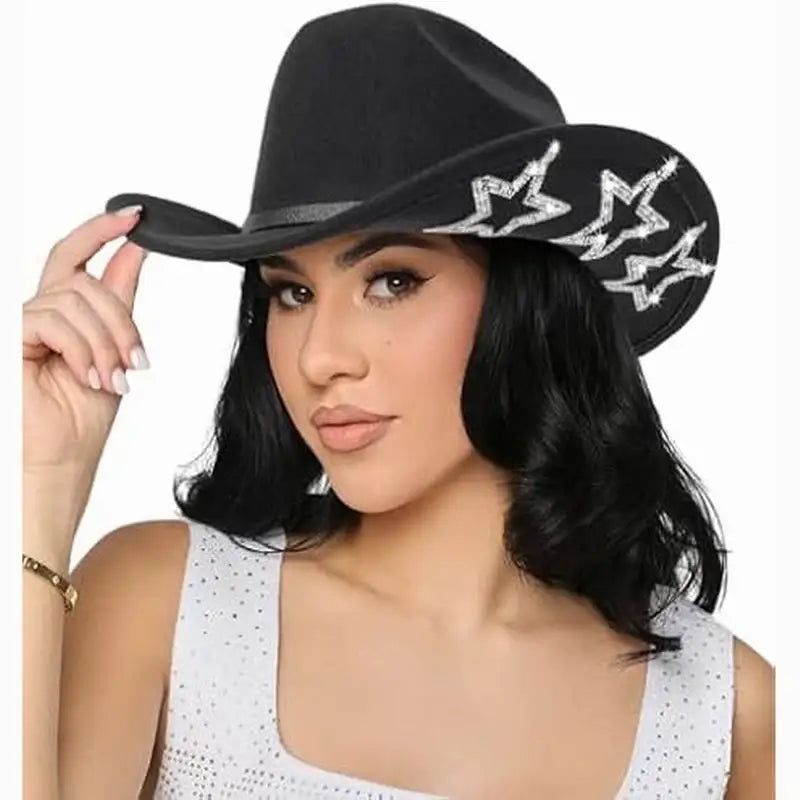 Felt Fedora Western Cowboy Hat Gus Buckle Belt Bling Rhinestone Rolled up Star Rodeo Cowgirl Hat for Women Men