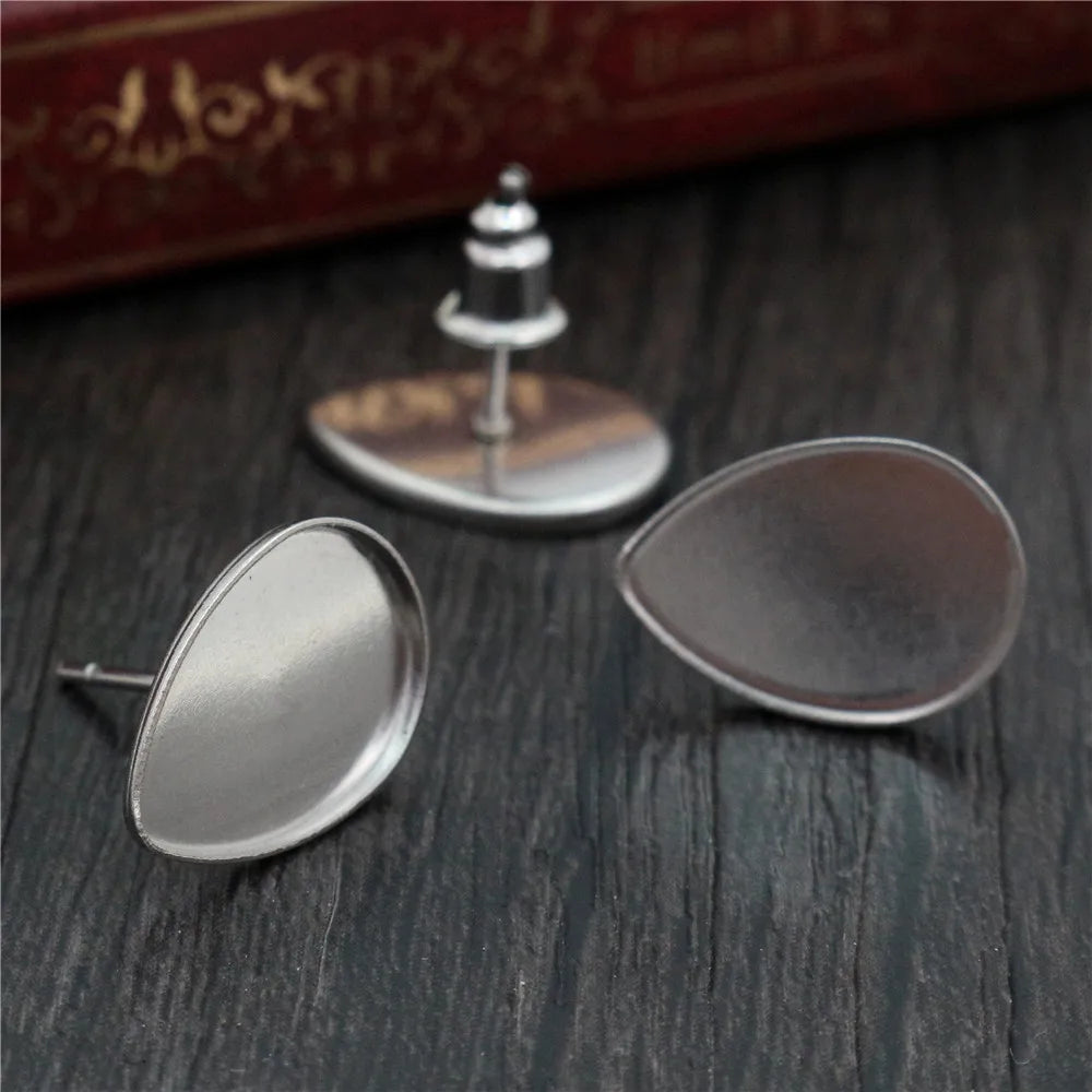 20pcs 10x14mm 316 Stainless Steel Drop Earring Studs Blank BaseFit 10*14mm Glass Cabochons Bezel Trays Jewelry Supplies