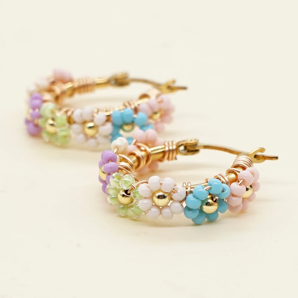 Go2boho Summer New Fashionable Geometric Daisy Beaded Handmade Hoop Earrings Boho Earrings for Women Summer Jewelry