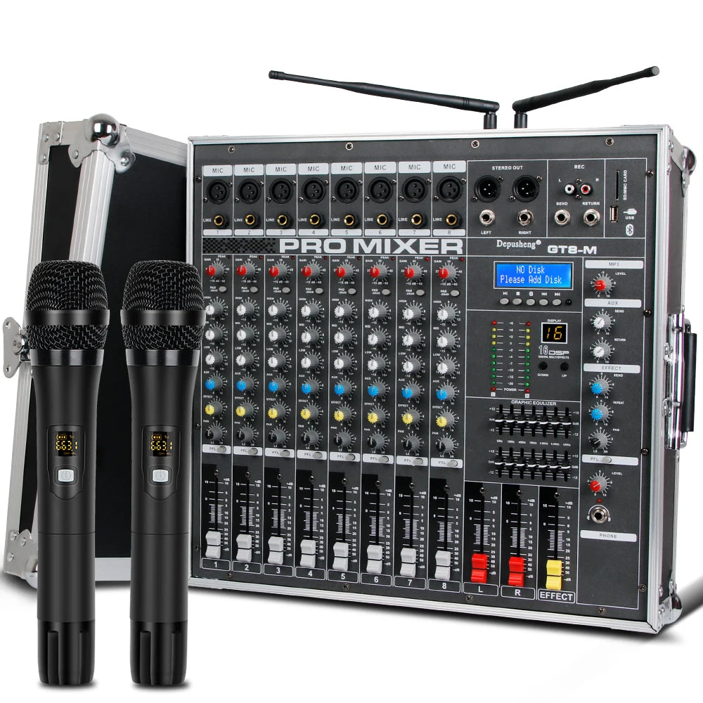 Depusheng GT8M Professional 8-Channel Powerful Amplifier Mixer with Two Wireless Microphones for Stage Performance